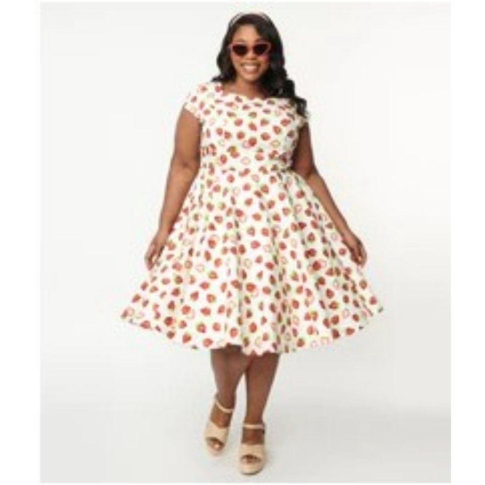Magnolia Place Plus Size White & Strawberry Print Anna Swing Dress